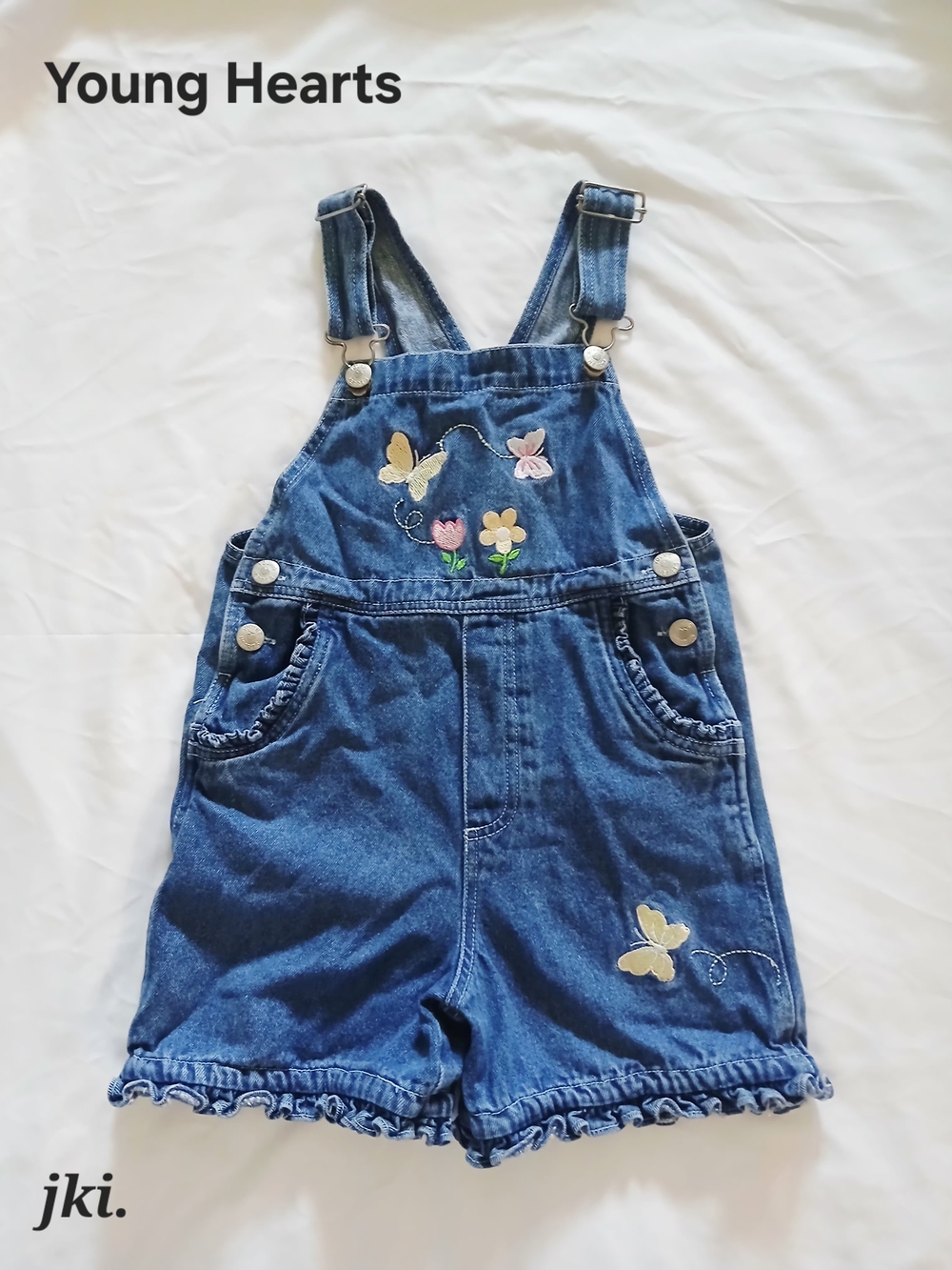 Young Hearts Girls' Blue Denim Butterfly & Flower Short Overalls